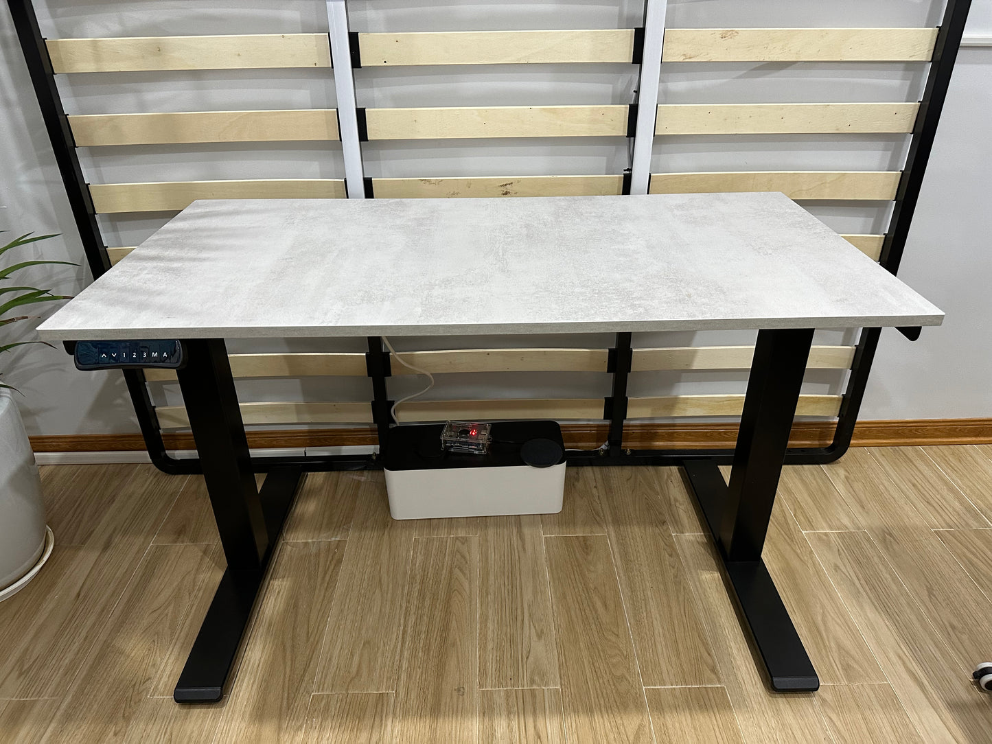 Electric dual-motor standing desk with height preset controls and grey surface - front view