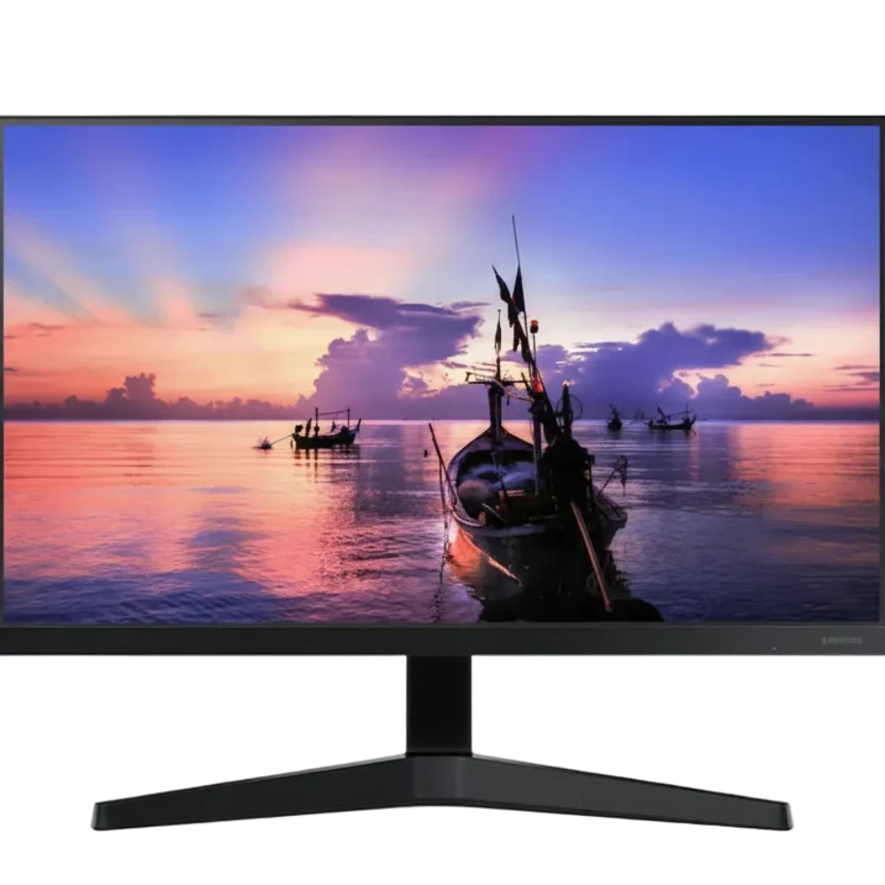 Samsung 24 inch monitor displaying sunset scene - front view with V-shaped stand